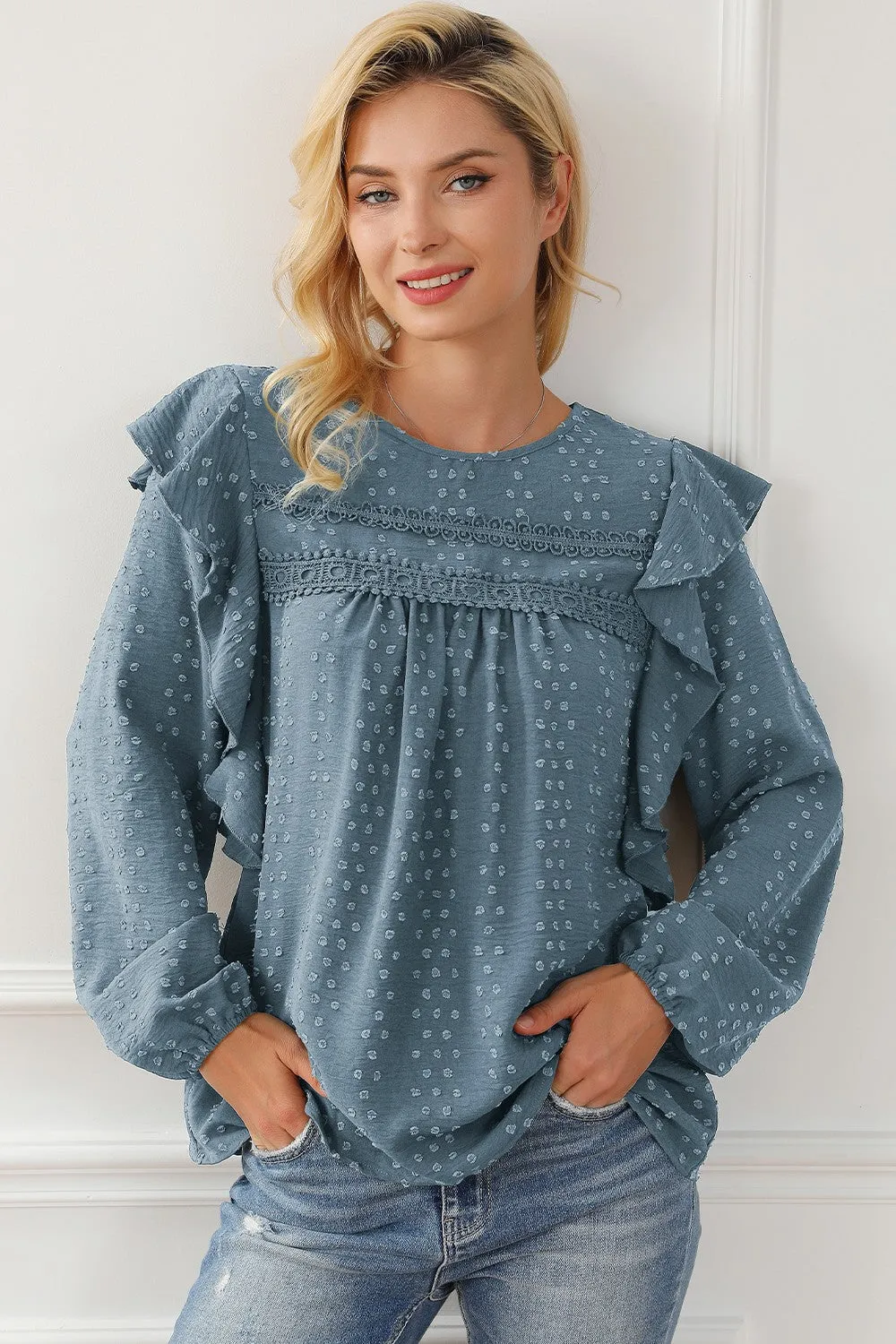 Round Neck Ruffled Blouse (2 Colors)