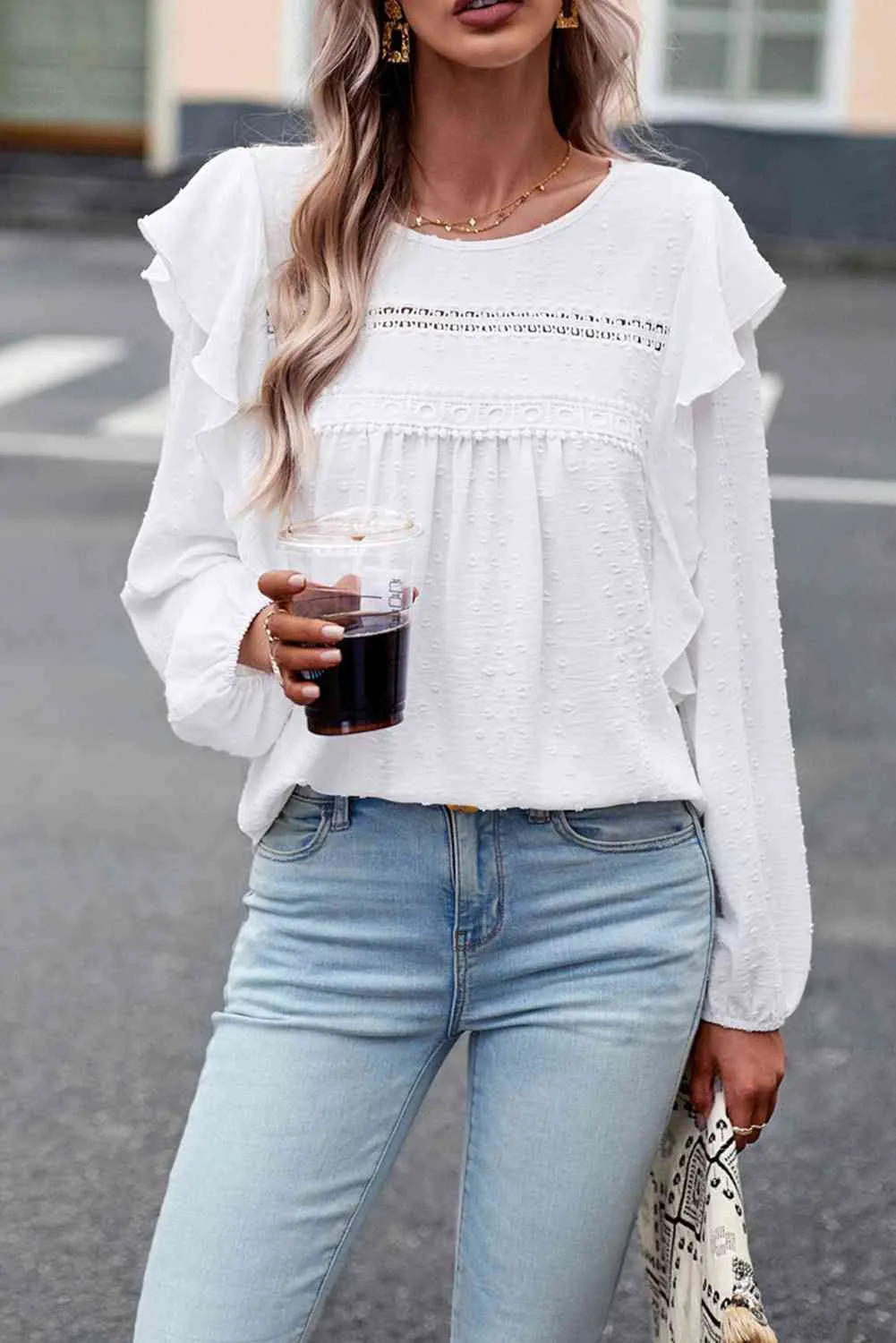 Round Neck Ruffled Blouse (2 Colors)
