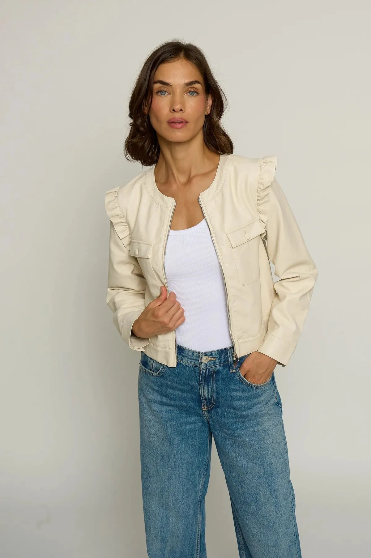 Ruffle Shoulder Vegan Jacket