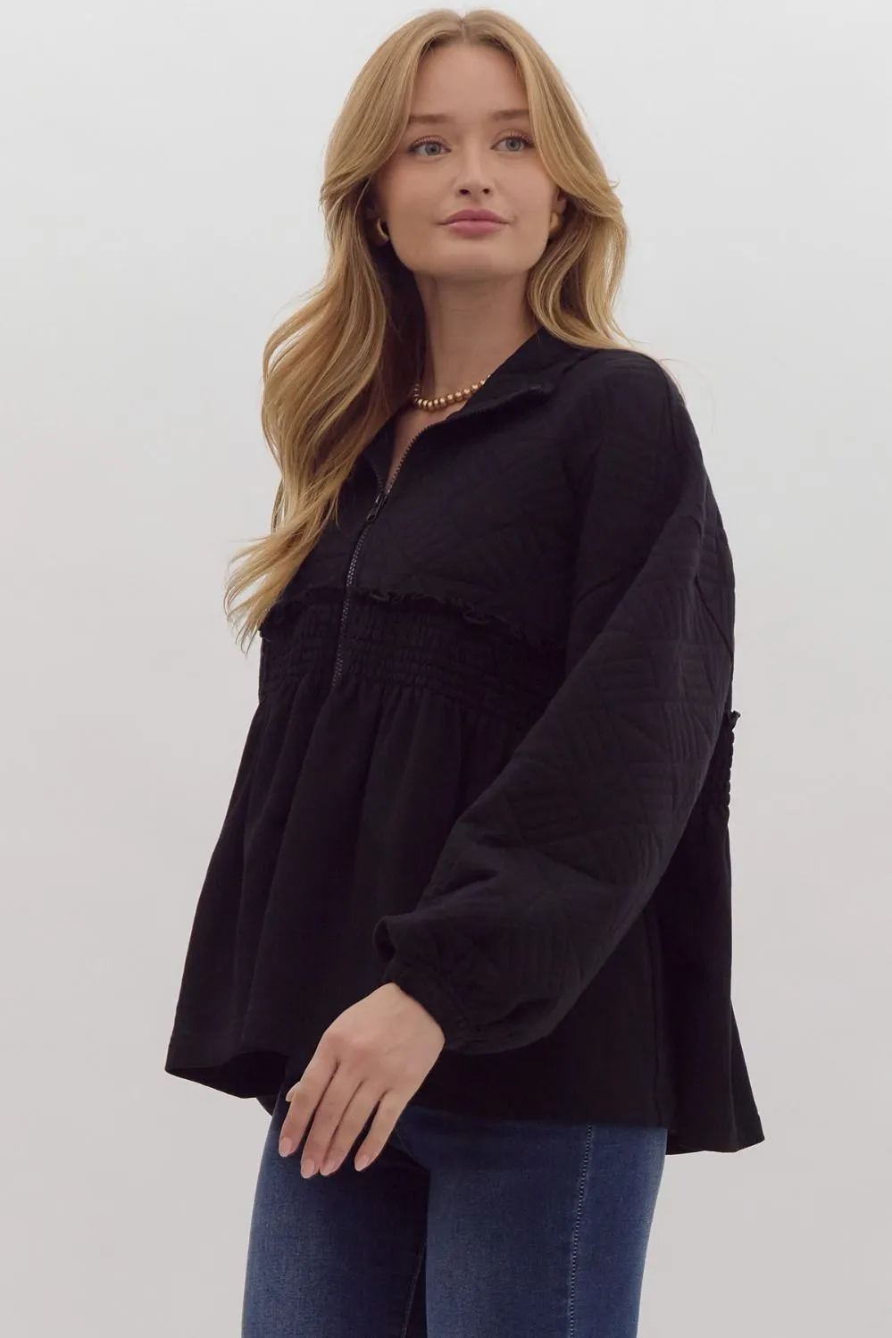 Ruffle Textured Zipper Jacket {Black}