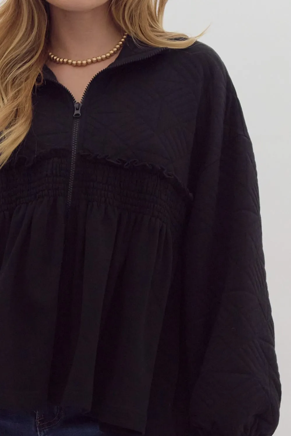 Ruffle Textured Zipper Jacket {Black}