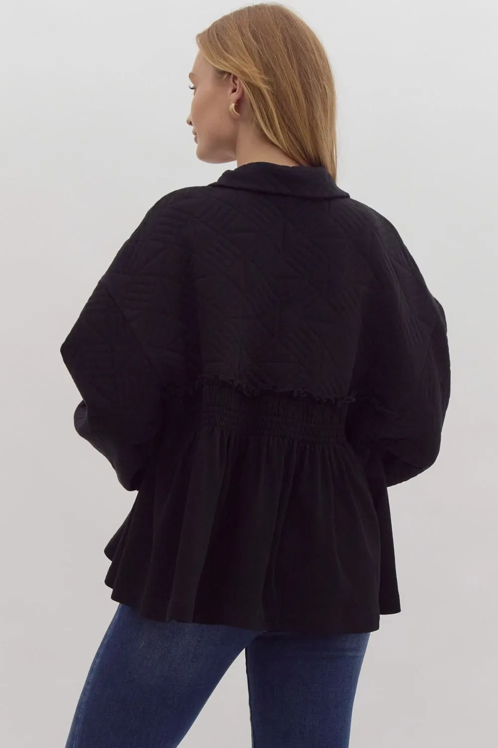 Ruffle Textured Zipper Jacket {Black}