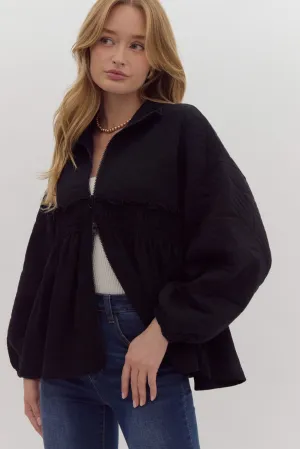 Ruffle Textured Zipper Jacket {Black}