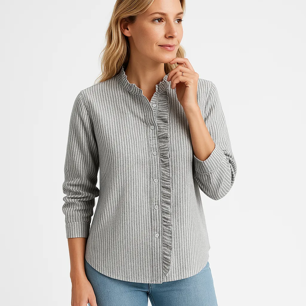 Ruffled Button-Up Blouse | Textured Cotton Blend | Sophisticated Style
