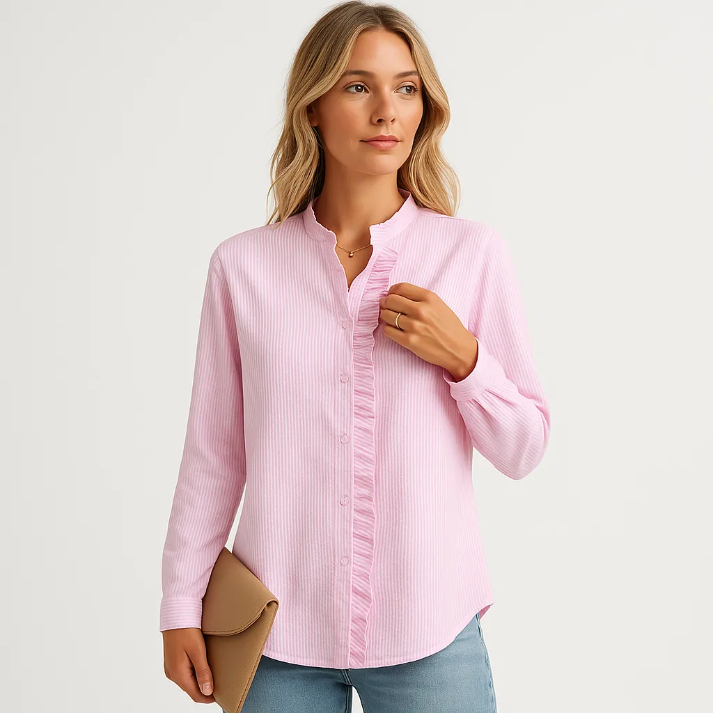 Ruffled Button-Up Blouse | Textured Cotton Blend | Sophisticated Style