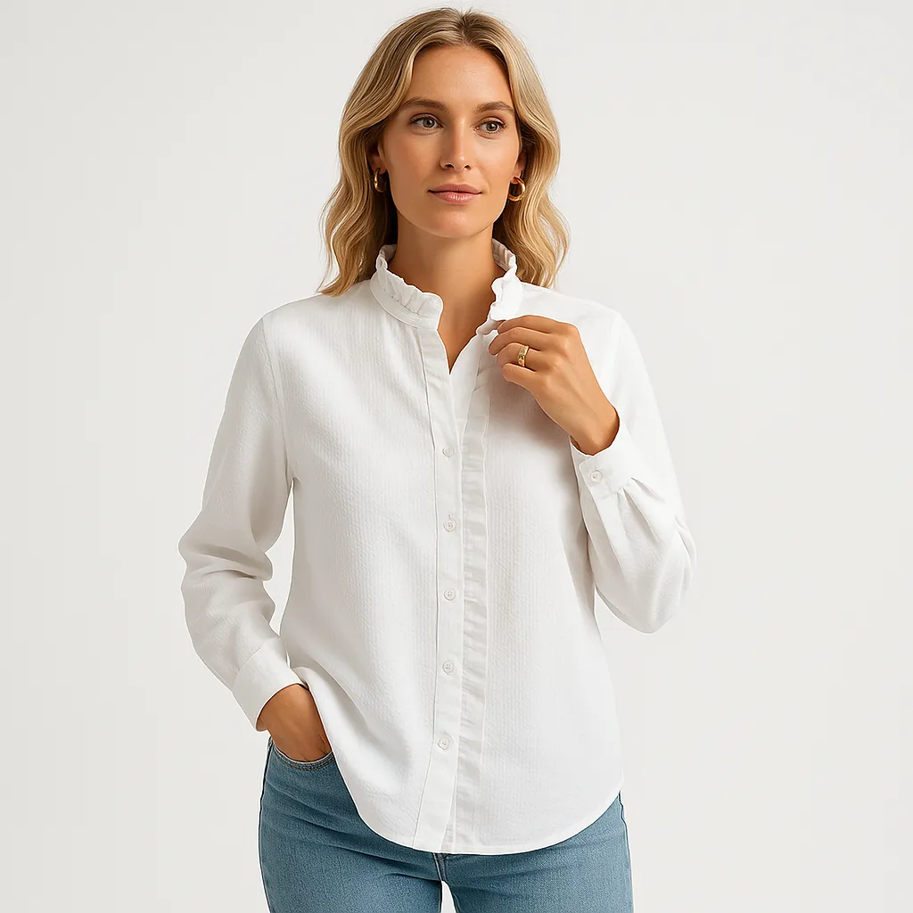 Ruffled Button-Up Blouse | Textured Cotton Blend | Sophisticated Style