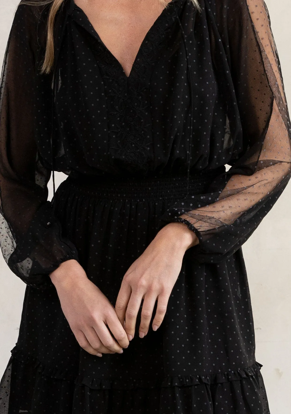Ruffled Sheer Polka Dot Bohemian Mini Dress