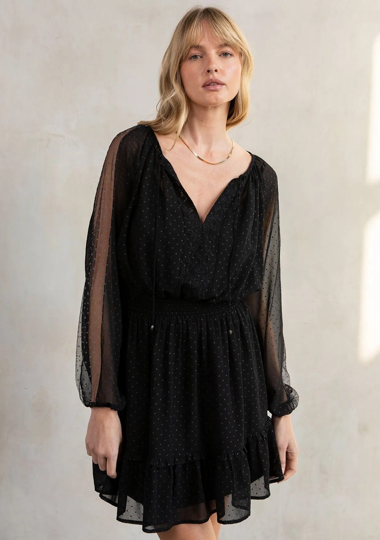 Ruffled Sheer Polka Dot Bohemian Mini Dress