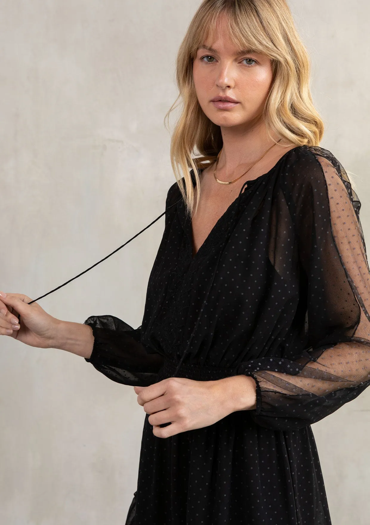 Ruffled Sheer Polka Dot Bohemian Mini Dress