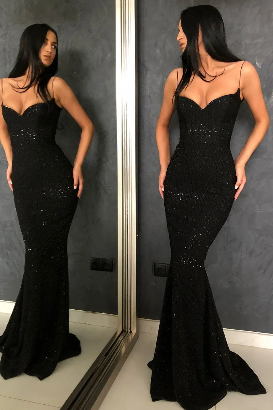 Sexy Black Spaghetti Straps Mermaid Prom Dress Sequins Chiffon Long
