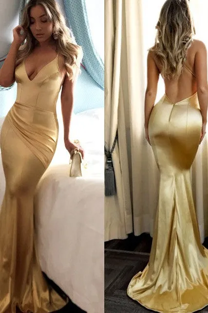 Sexy Spaghetti Straps Backless Mermaid Prom Dress Sequins V-Neck Chiffon Gold Long