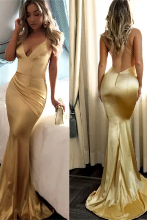Sexy Spaghetti Straps Backless Mermaid Prom Dress Sequins V-Neck Chiffon Gold Long