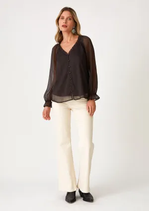 Sheer Long Sleeve V Neck Button Front Blouse