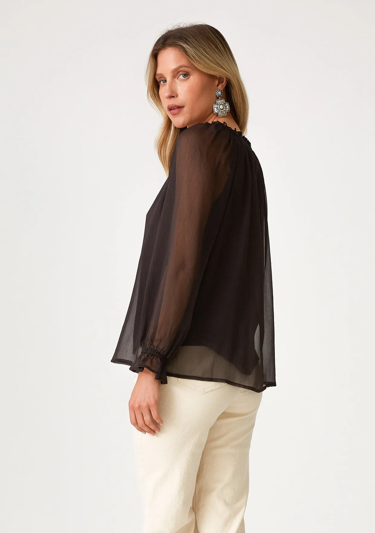 Sheer Long Sleeve V Neck Button Front Blouse