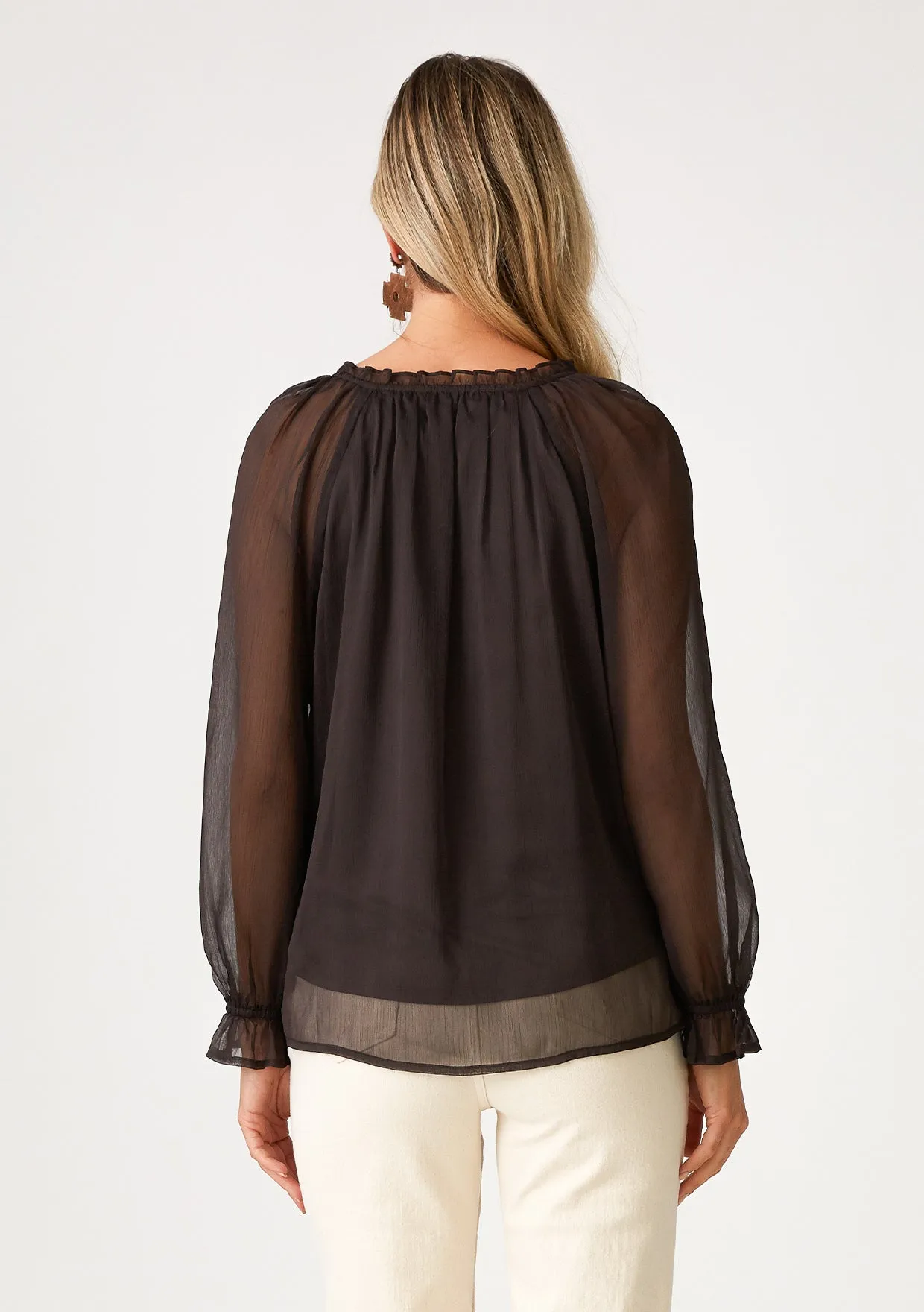 Sheer Long Sleeve V Neck Button Front Blouse