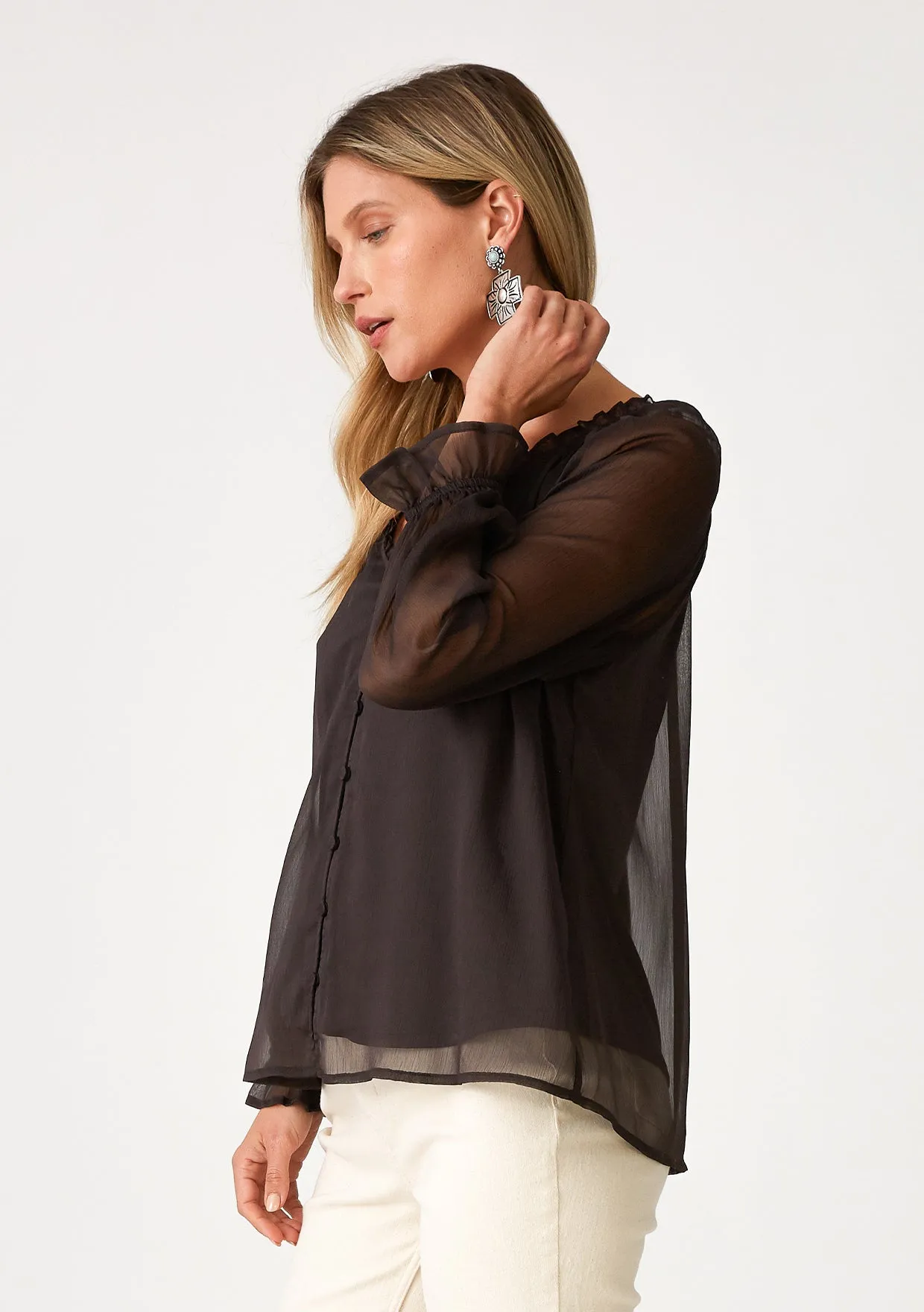 Sheer Long Sleeve V Neck Button Front Blouse