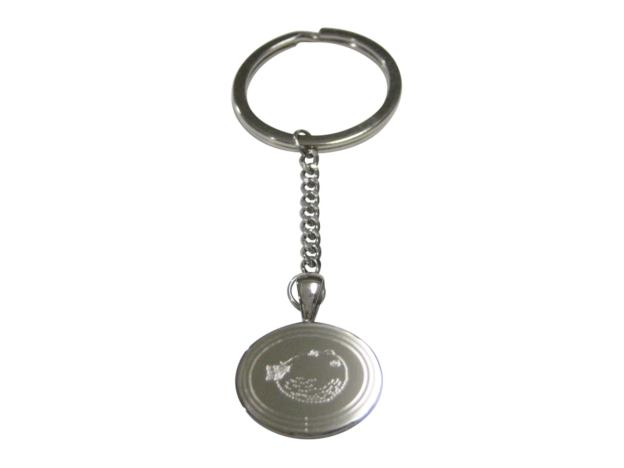 Silver Toned Oval Etched Blowfish Fugu Puffer Fish Pendant Keychain