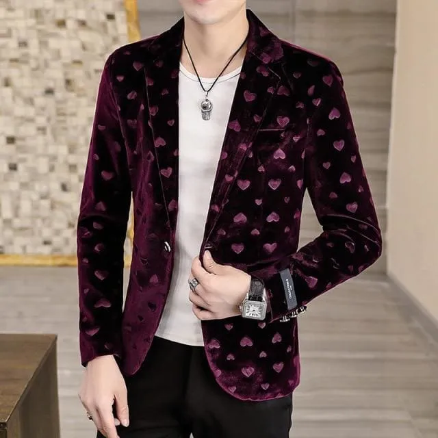 Slim Fit One Button Heart Print Purple Velvet Party Blazer For Men