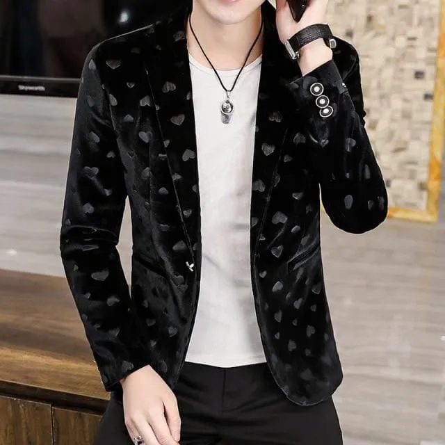 Slim Fit One Button Heart Print Purple Velvet Party Blazer For Men