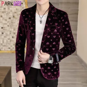 Slim Fit One Button Heart Print Purple Velvet Party Blazer For Men