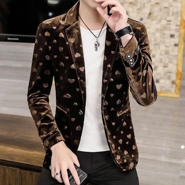 Slim Fit One Button Heart Print Purple Velvet Party Blazer For Men