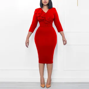 Solid Beaded Ruffled Midi Dress