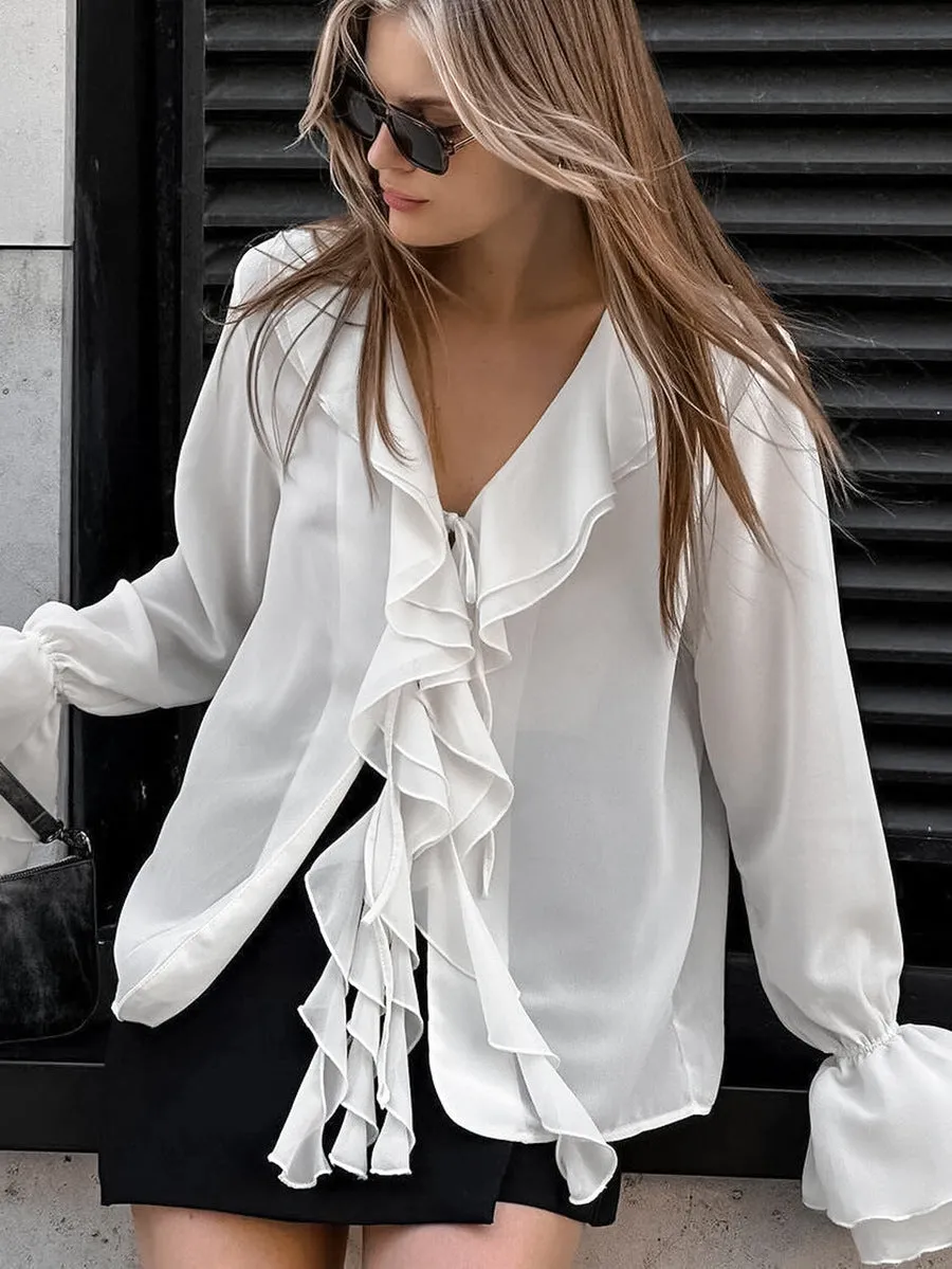 Solid Color Ruffle V Neck Blouses