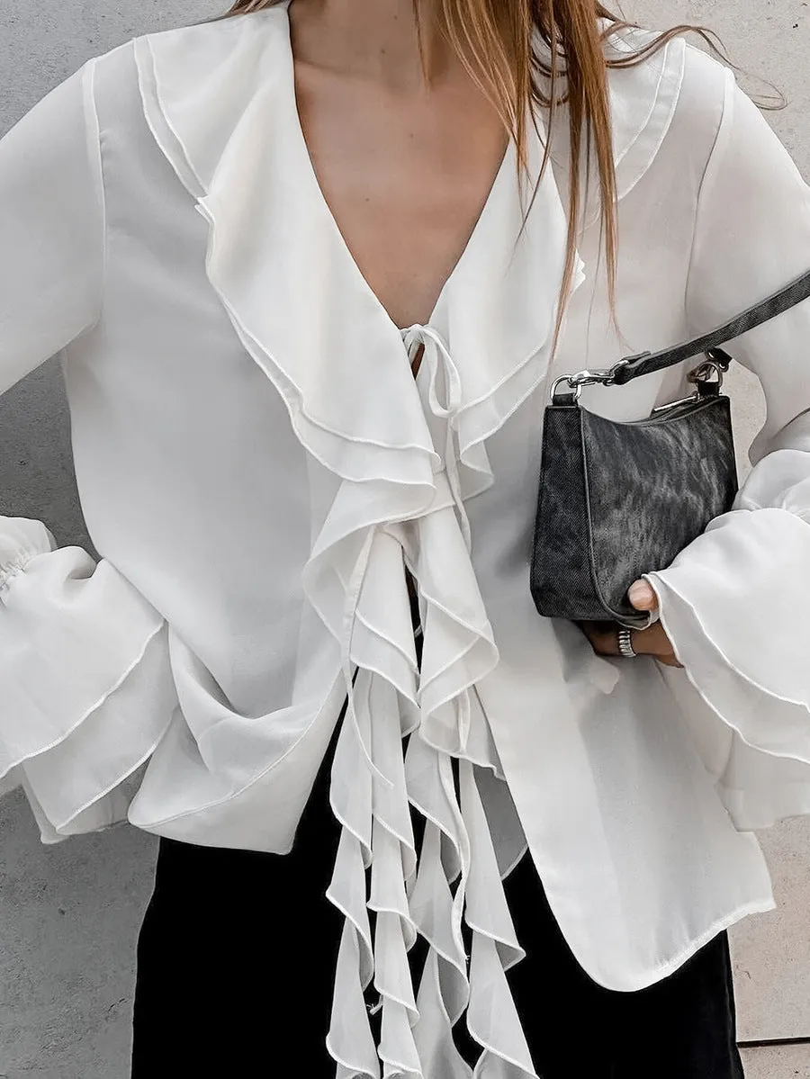 Solid Color Ruffle V Neck Blouses