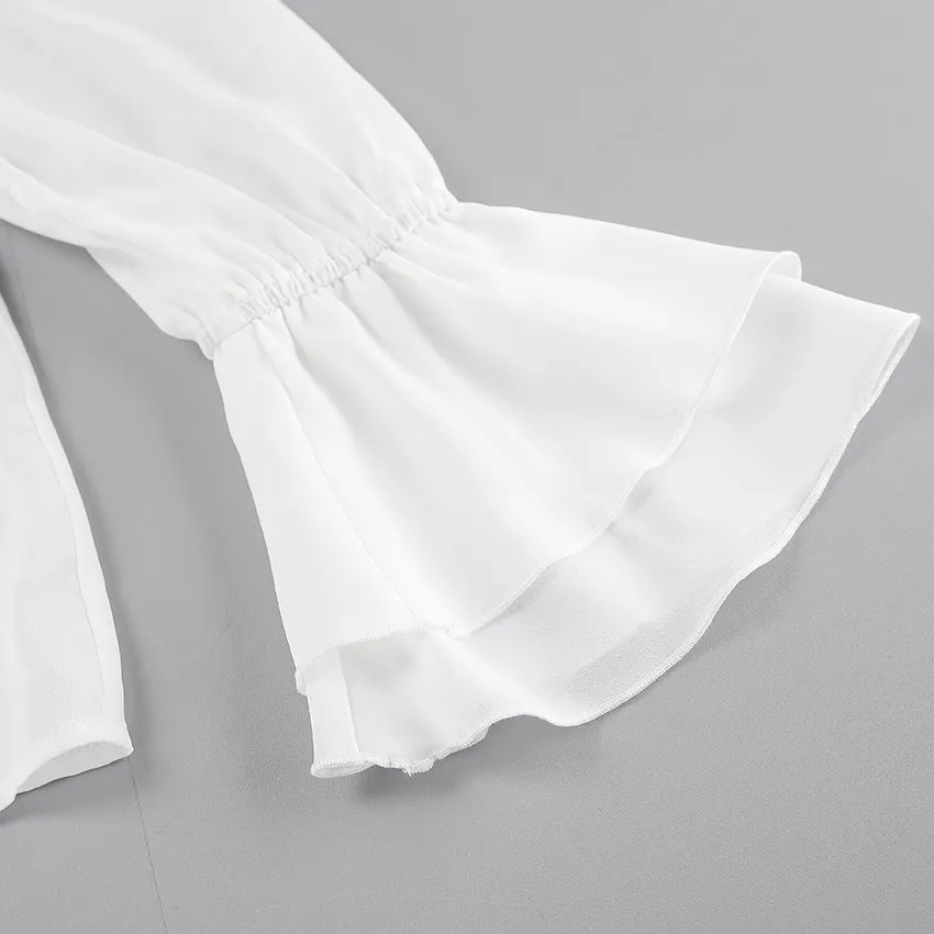 Solid Color Ruffle V Neck Blouses