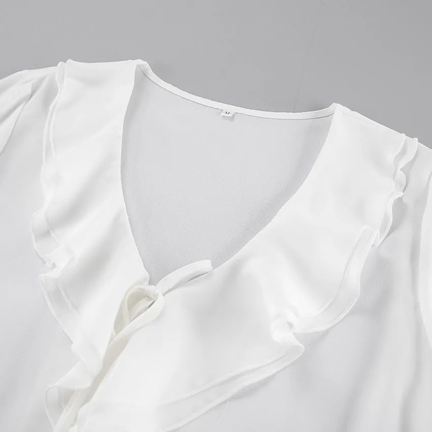 Solid Color Ruffle V Neck Blouses