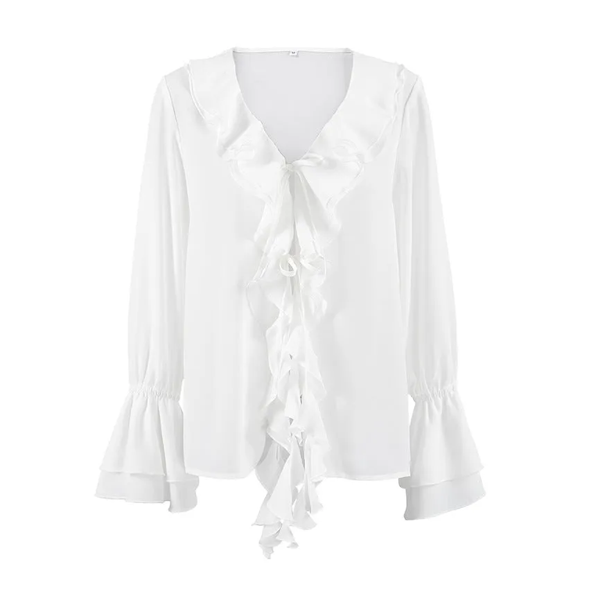 Solid Color Ruffle V Neck Blouses
