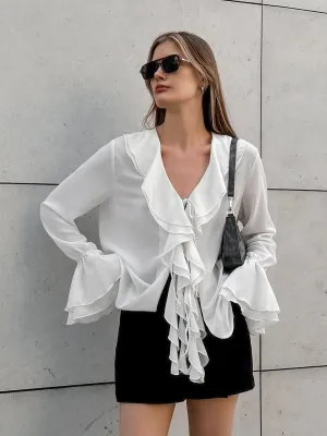 Solid Color Ruffle V Neck Blouses