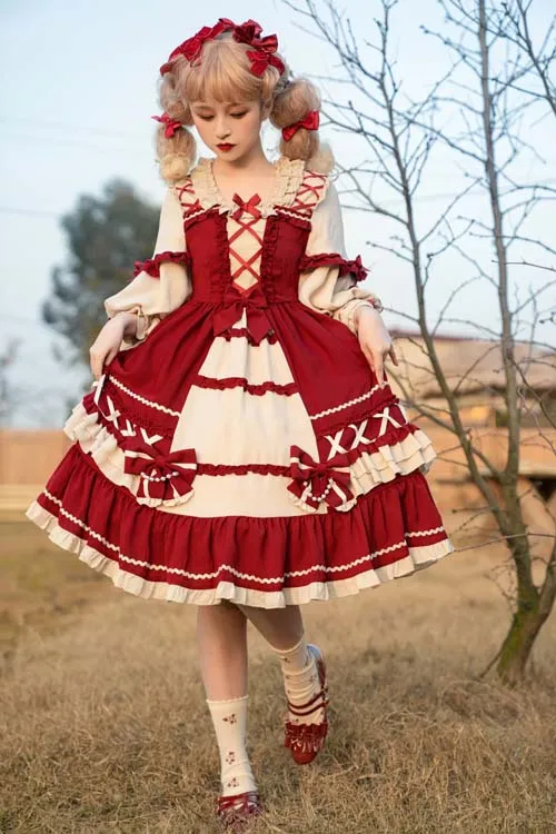 Square Neck Long Sleeve Ruffled Sweet Lolita OP Dress