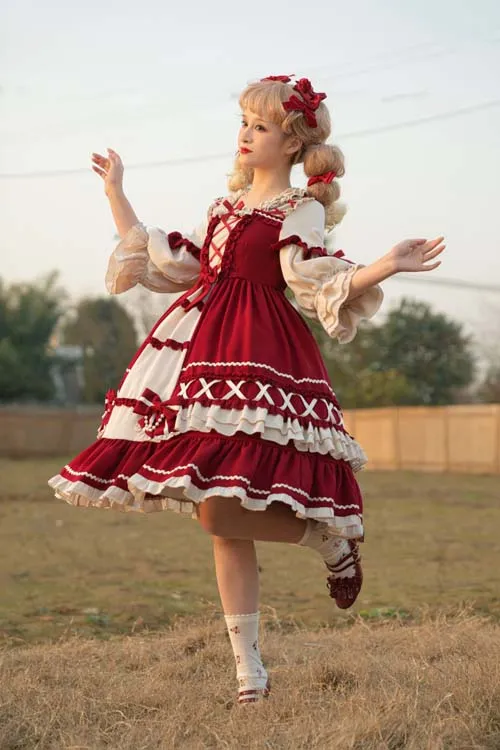 Square Neck Long Sleeve Ruffled Sweet Lolita OP Dress