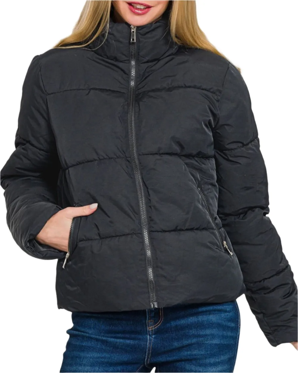 Stacey Turtleneck Puffer Jacket with Pockets - Black