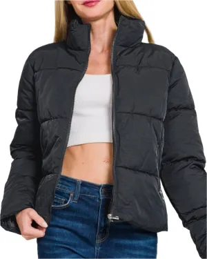 Stacey Turtleneck Puffer Jacket with Pockets - Black