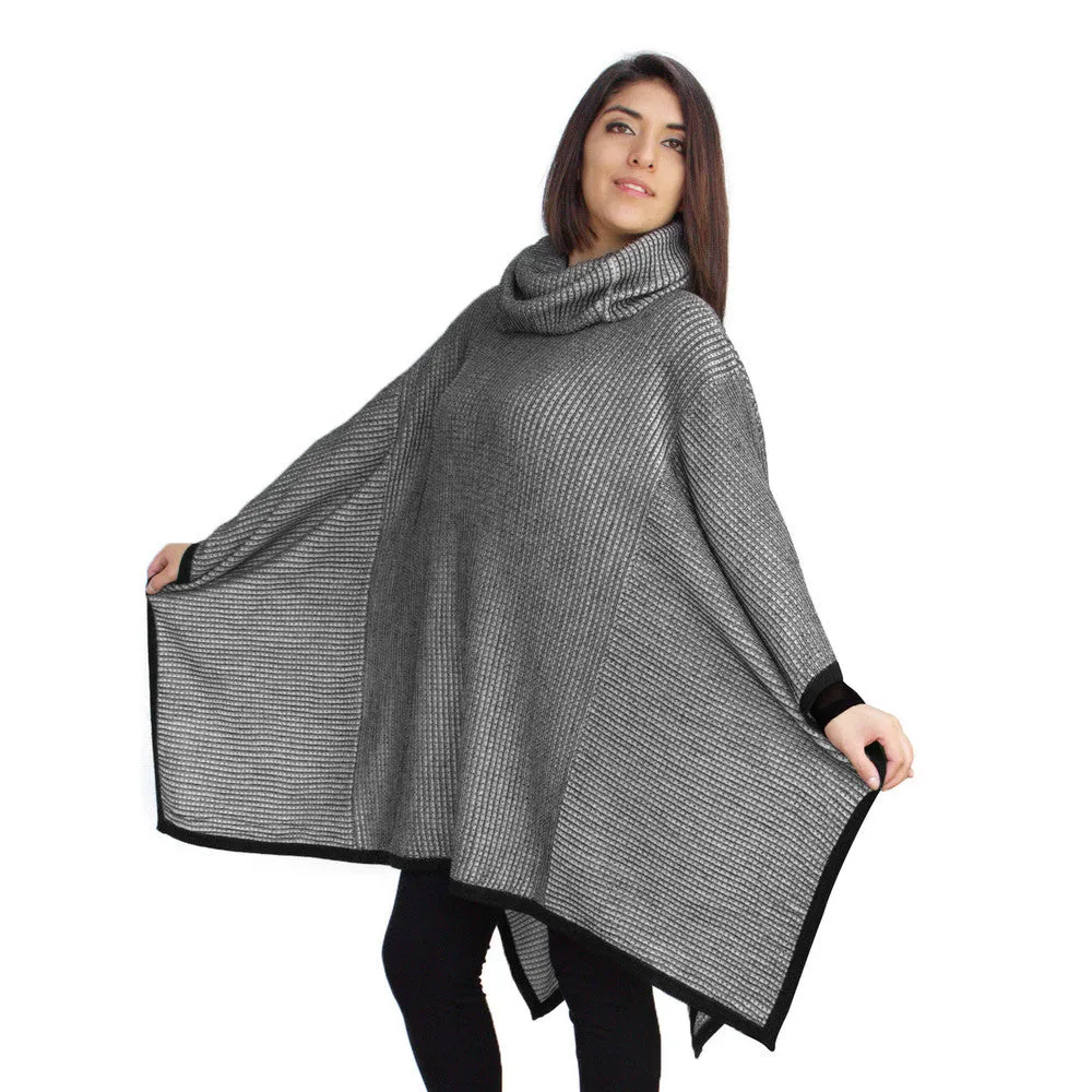 Superfine Alpaca Wool Knitted Turtleneck Poncho Edge Design