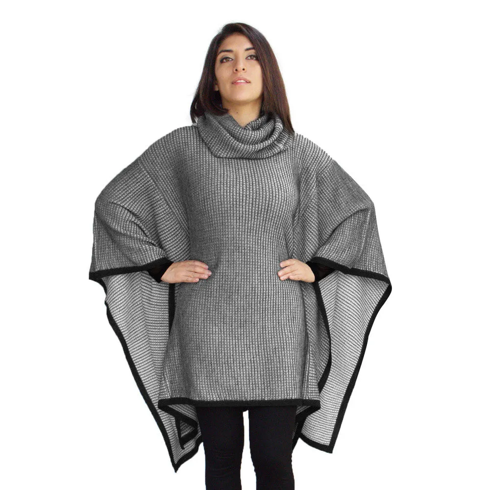 Superfine Alpaca Wool Knitted Turtleneck Poncho Edge Design