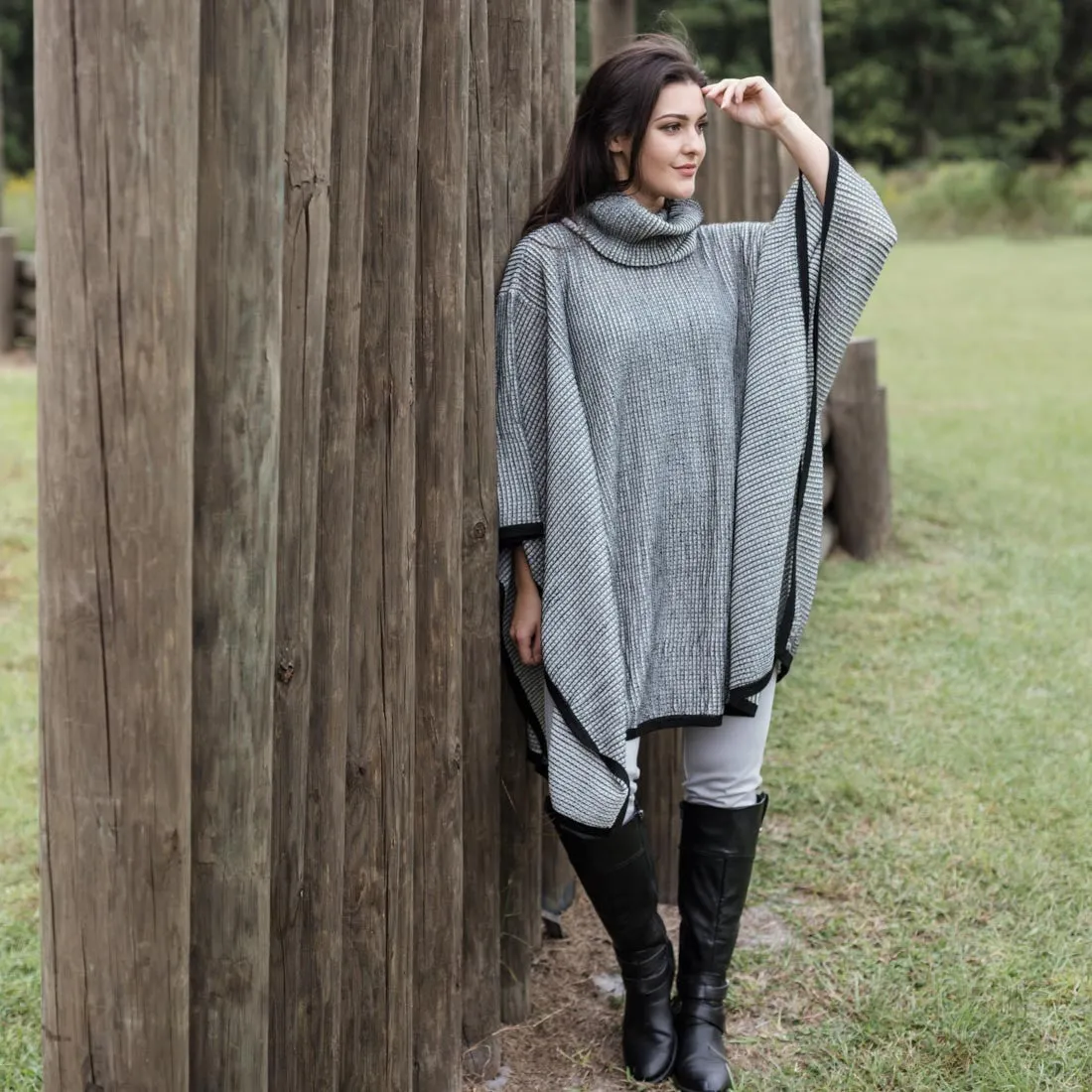 Superfine Alpaca Wool Knitted Turtleneck Poncho Edge Design