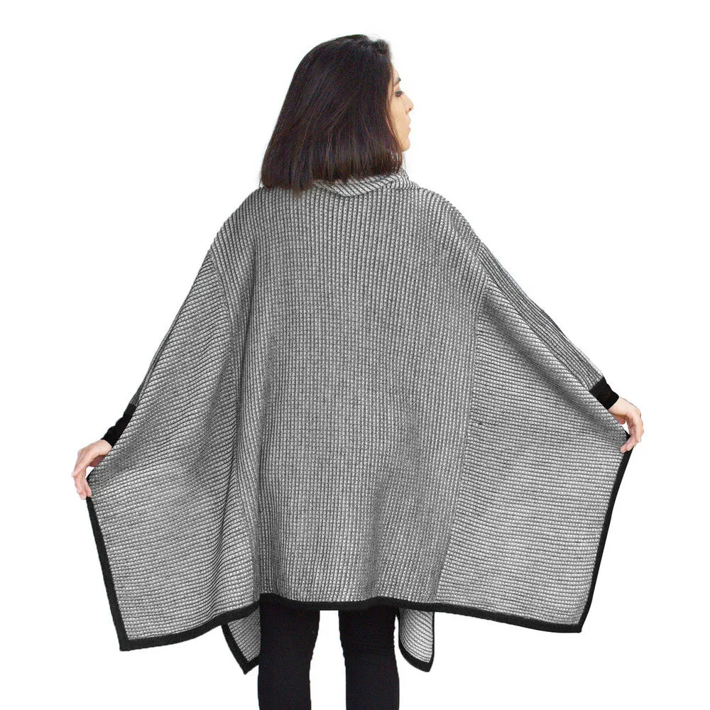 Superfine Alpaca Wool Knitted Turtleneck Poncho Edge Design