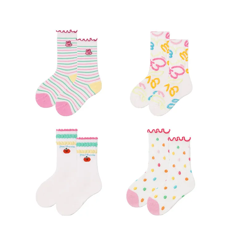 Sweetnana 4-Pack "colorful summer" Series Children's Seamless Socks: Crew Socks with Frilly Ruffled for Girls 3-12 Years Old Cotton Socks Cozy Breathable Spring/Summer.