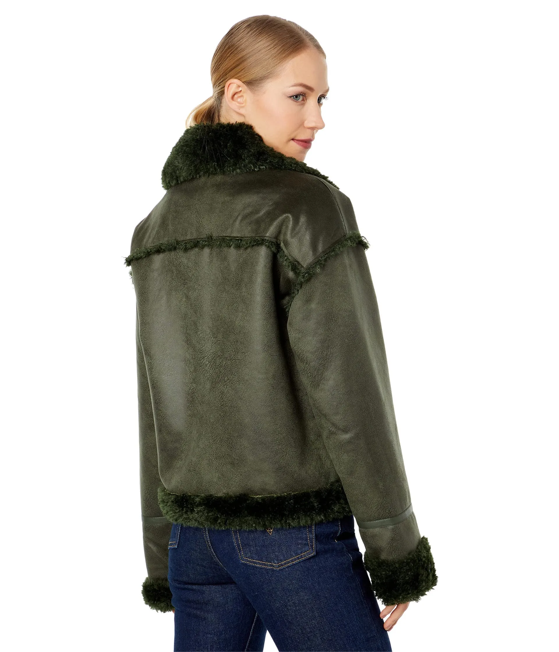Thread Collective Berber Faux Down Cropped Puffer Jacket Olive LG