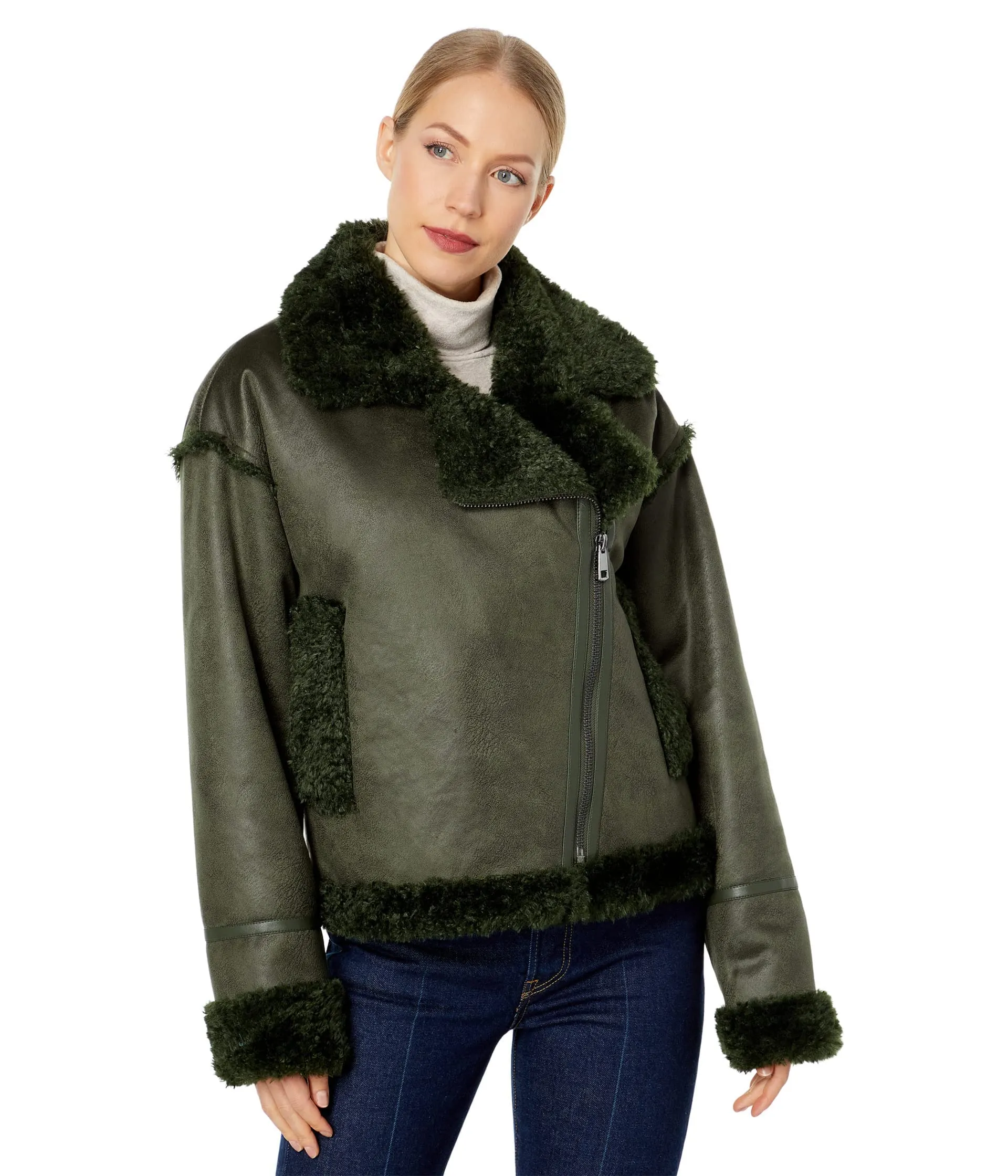 Thread Collective Berber Faux Down Cropped Puffer Jacket Olive LG