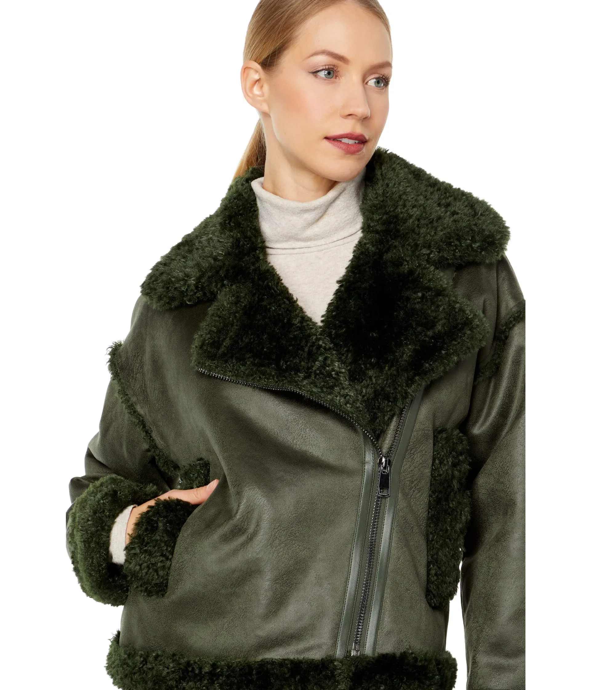 Thread Collective Berber Faux Down Cropped Puffer Jacket Olive LG