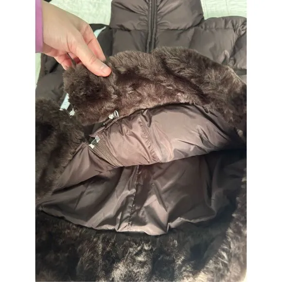 Vtg Womens NILS Goose Down Ski Vest Brown Glam Fur Trim Warm Puffer Jacket Sz 8