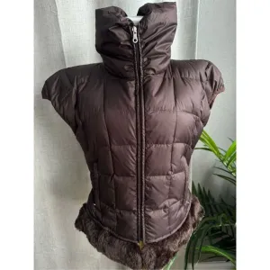 Vtg Womens NILS Goose Down Ski Vest Brown Glam Fur Trim Warm Puffer Jacket Sz 8