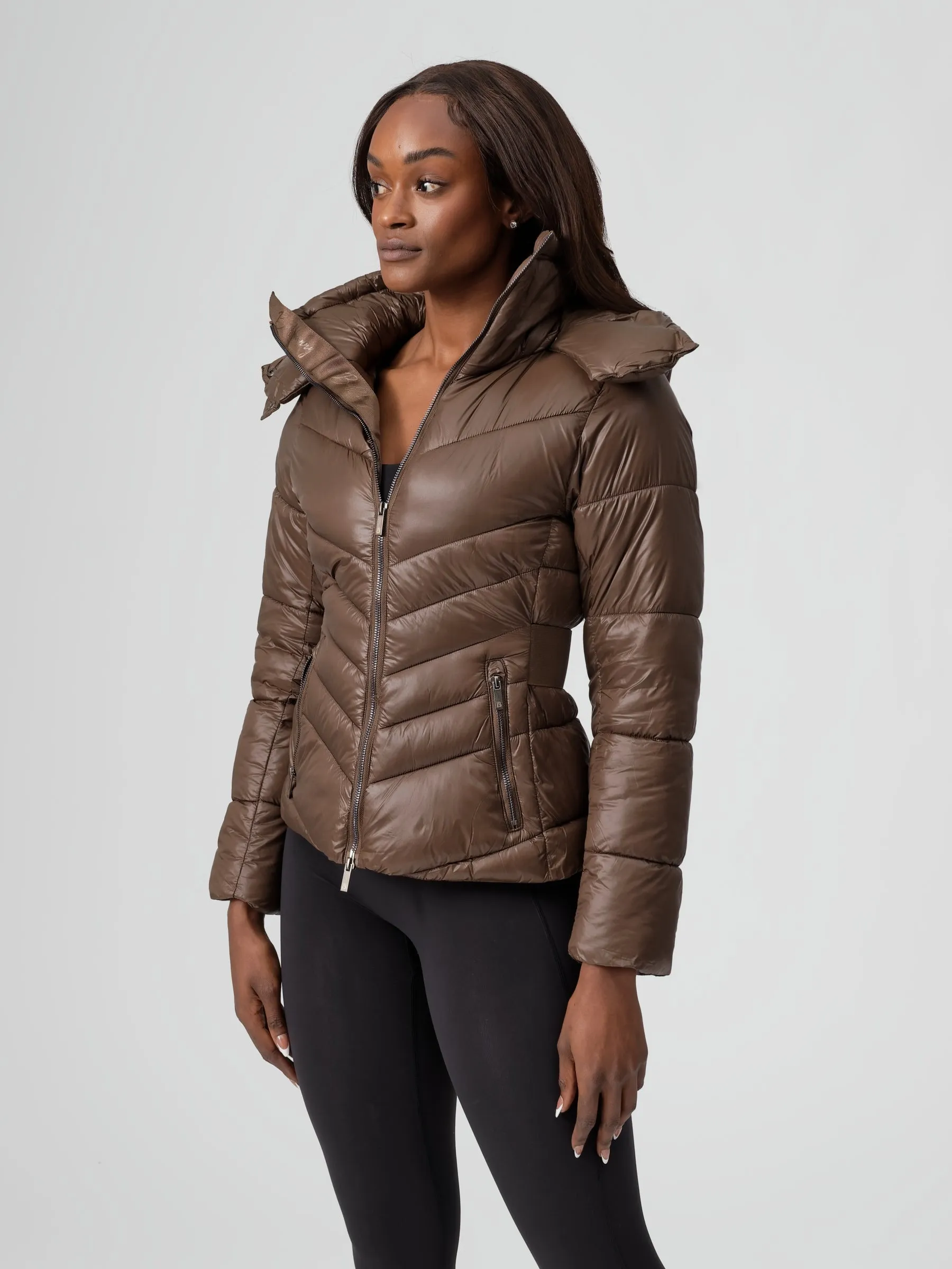 Waist Taper Puffer Jacket - Dark Brown