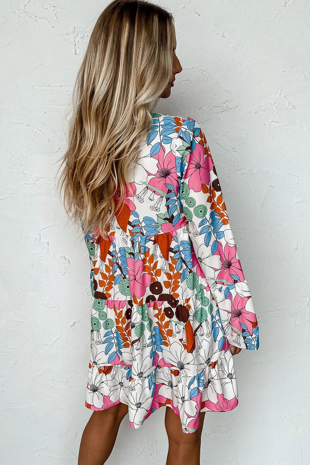 White Floral Long Sleeve V-Neck Ruffled Dress