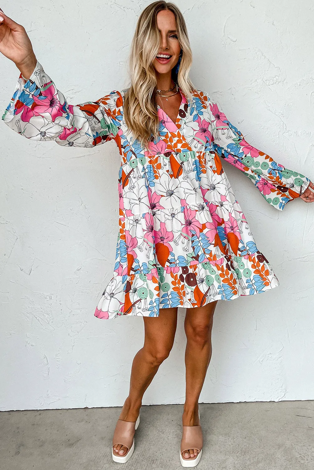 White Floral Long Sleeve V-Neck Ruffled Dress