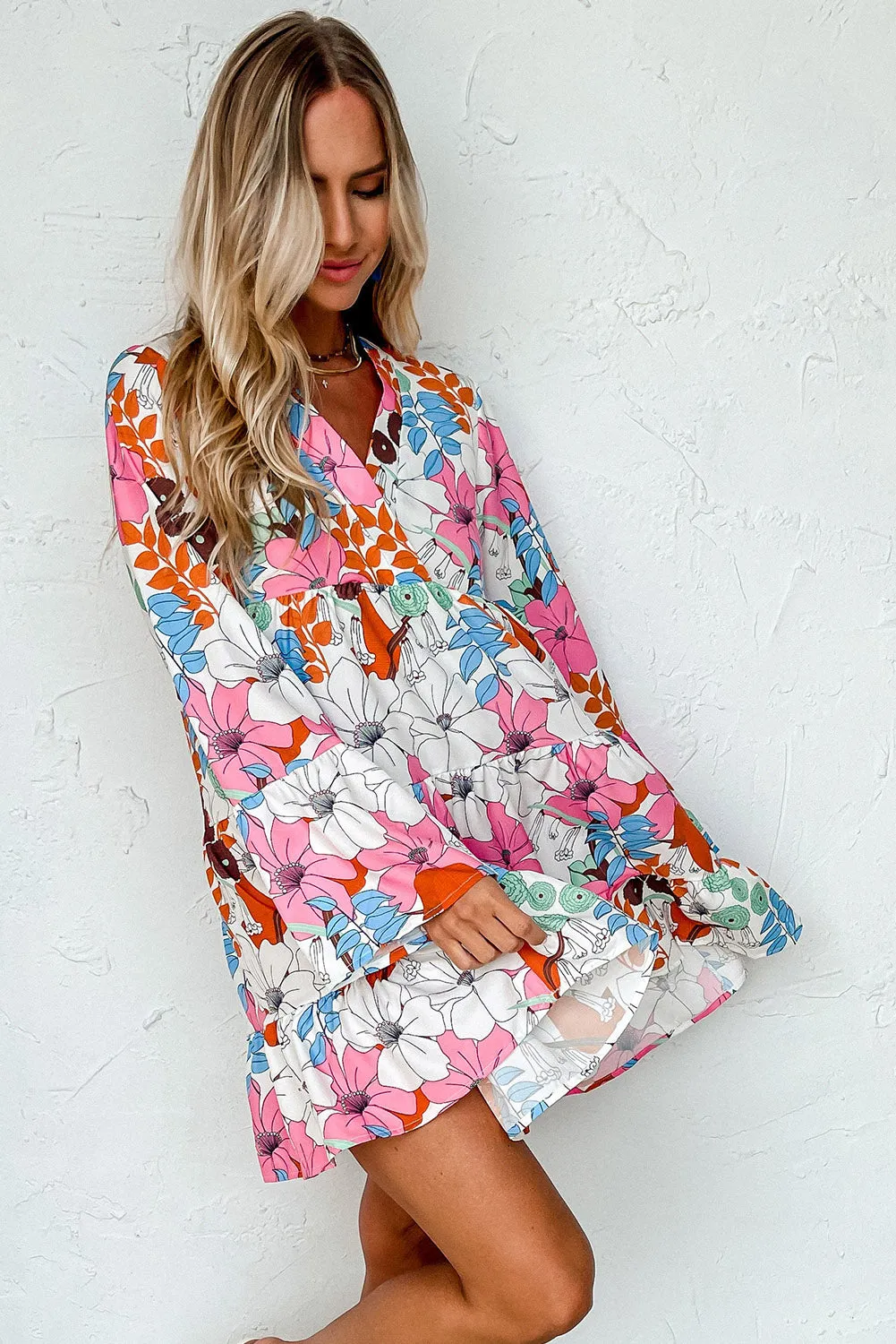 White Floral Long Sleeve V-Neck Ruffled Dress